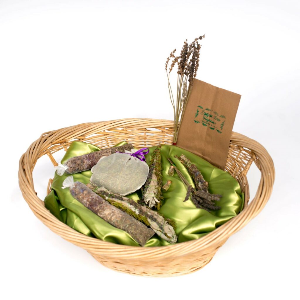 Basket of Lagunitas Organics aura wands and aromatherapy