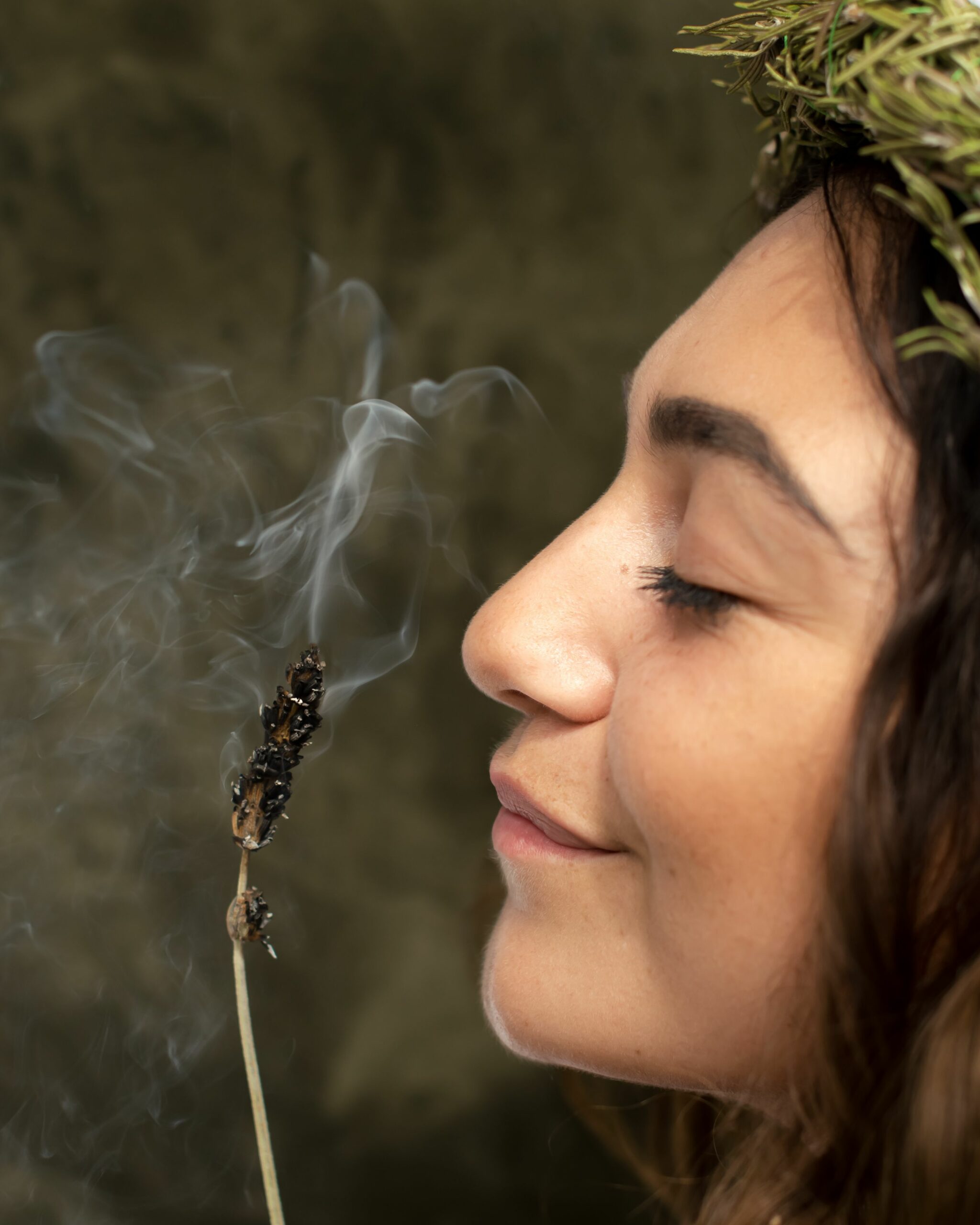 Photo of Amalia with burning Lavender smoke aromatherapy